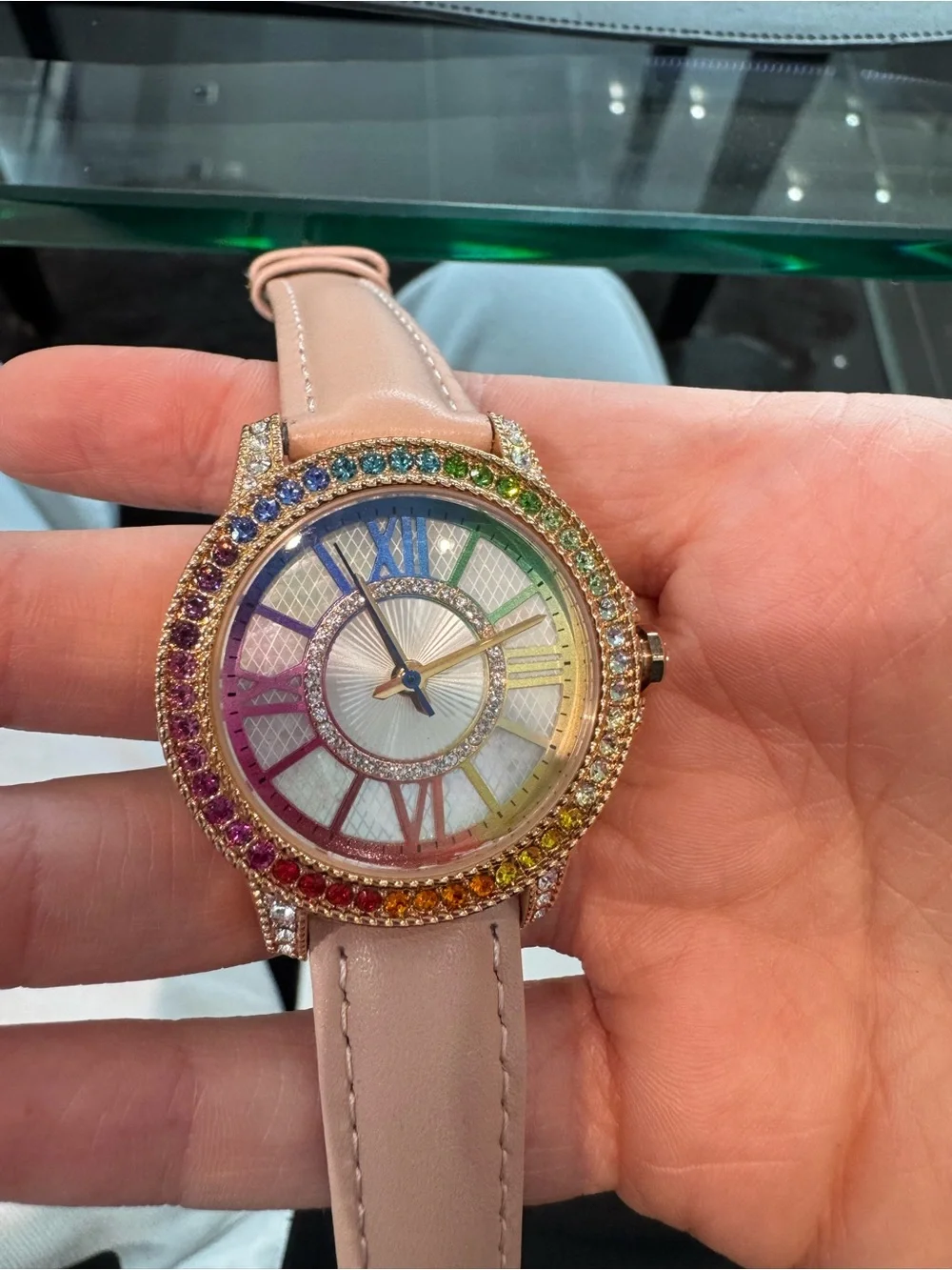 New Judith Ripka Rose Gold-Tone Rainbow Diamonique Watch w/ Pink Leather Strap